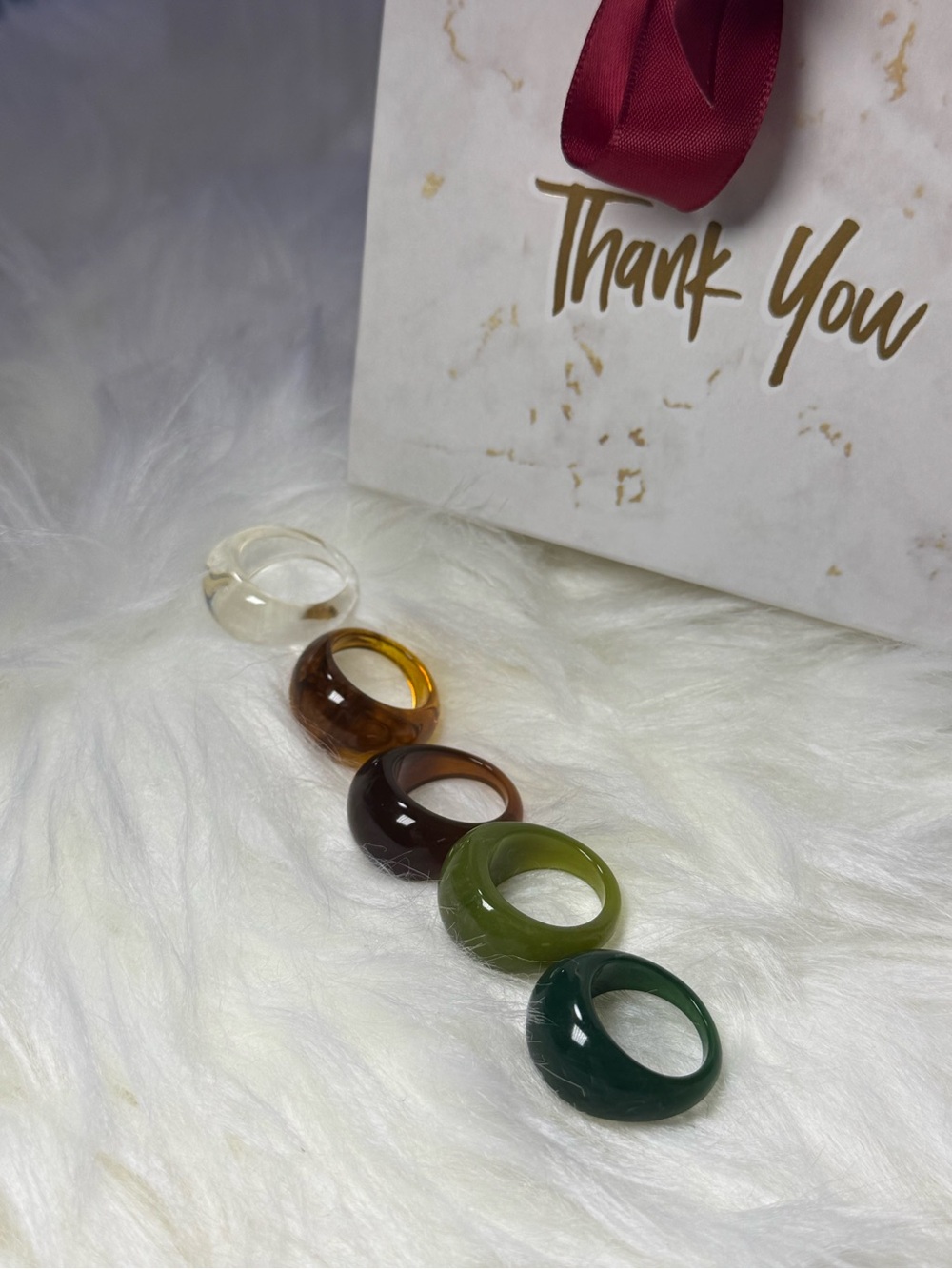 Set of 5 Women's Resin Dome Rings - Clear, Amber, Brown, Olive, Forest Green